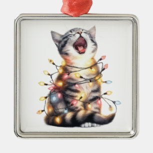 ADORABLE HOLIDAY CAT WITH CHRISTMAS LIGHTS METAL TREE DECORATION