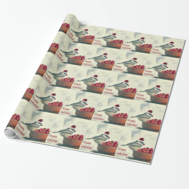 Adorable Holiday Chickadee Wrapping Paper (Unrolled)