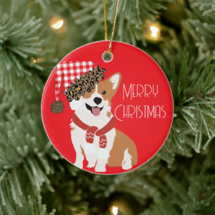 Adorable Holiday Puppy Wearing Christmas Santa Hat Ceramic Tree Decoration