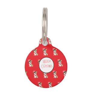 Adorable Holiday Puppy Wearing Christmas Santa Hat Pet Tag