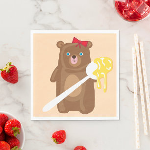 Adorable Honey Bear with Spoon And Red Bow  Napkin