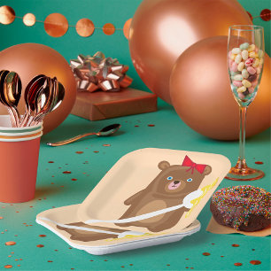 Adorable Honey Bear with Spoon And Red Bow Paper Plate