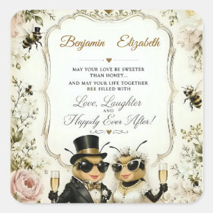 Adorable Honeybees, elegant floral wedding Square Sticker