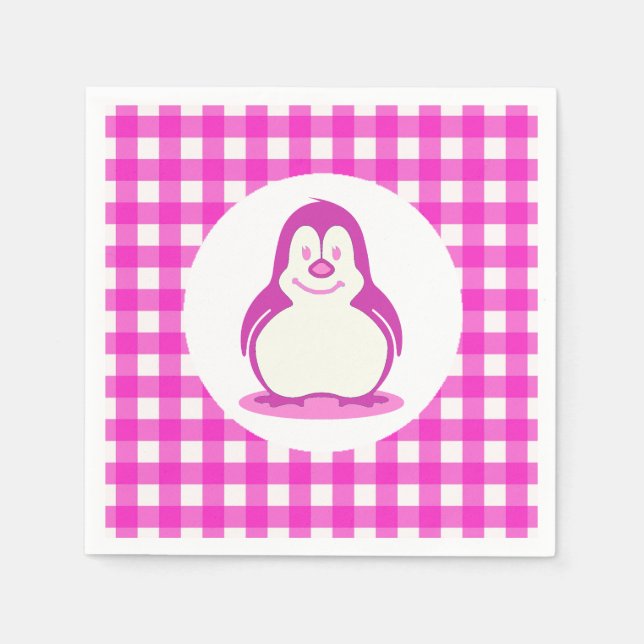 Adorable Hot Pink Gingham and Smiling Pink Penguin Napkin (Front)
