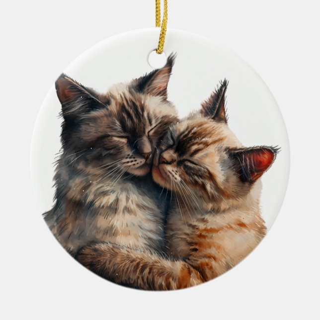 ADORABLE HUGGING SIAMESE CATS CERAMIC TREE DECORATION (Front)