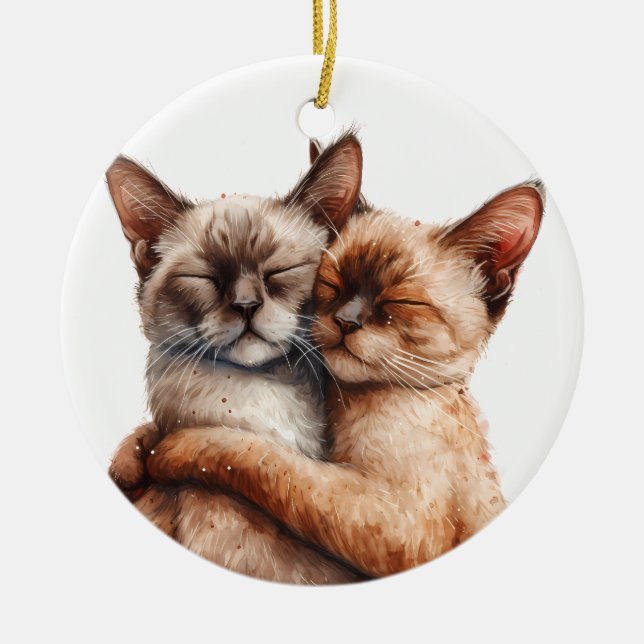 ADORABLE HUGGING SIAMESE CATS CERAMIC TREE DECORATION (Front)