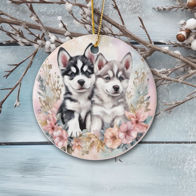 Adorable Husky Puppies Pink Floral Christmas Ceramic Tree Decoration (Creator Uploaded)