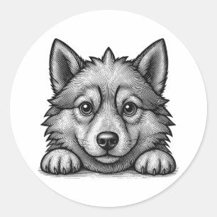 Adorable Husky Puppy Wood Engraving Style Classic Round Sticker