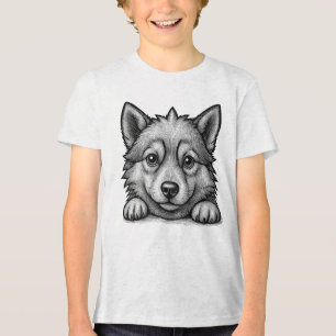 Adorable Husky Puppy Wood Engraving Style Tri-Blend Shirt
