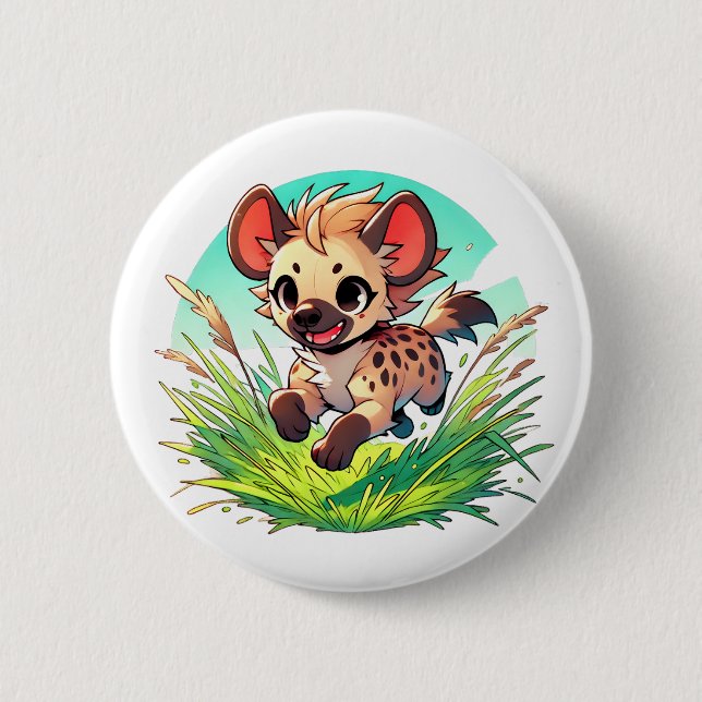 Adorable hyena is bounding through a field 6 cm round badge (Front)