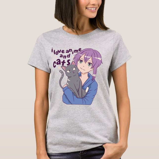 Adorable I Love Anime and Cats T-Shirt (Front)