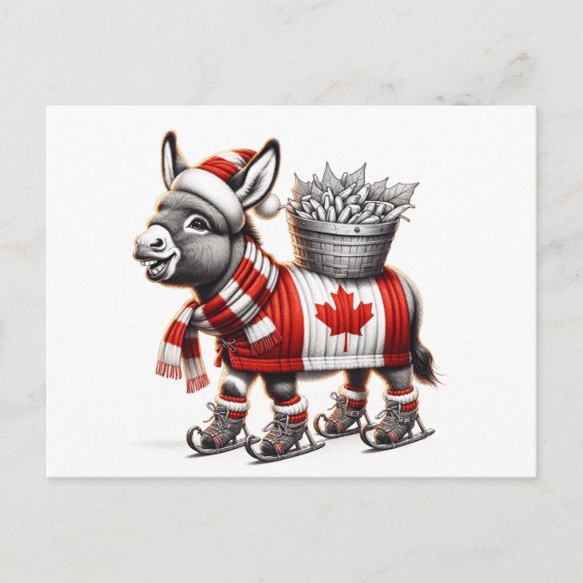 Adorable Ice Skating Canada Donkey Postcard (Front)