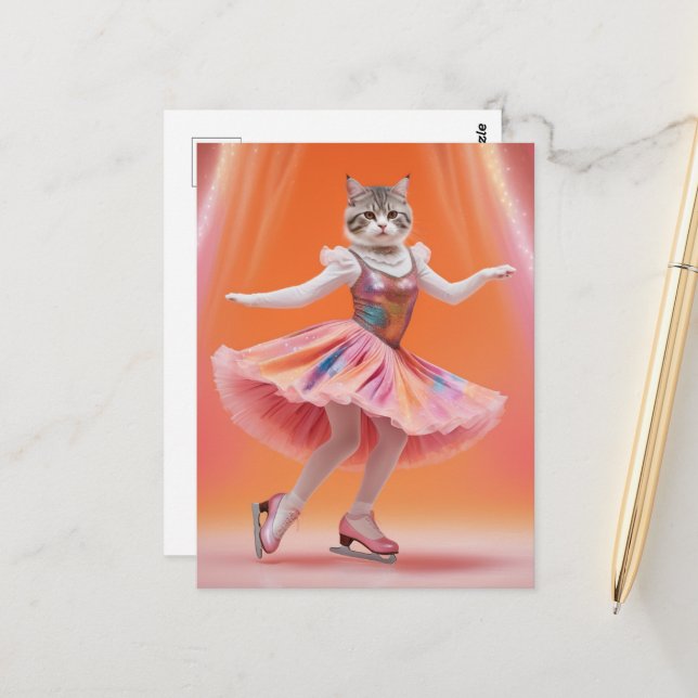 Adorable Ice Skating Cat in Pink Postcard (Front/Back In Situ)