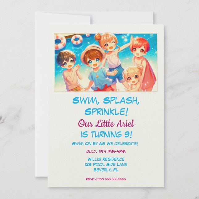 Adorable Japanese Anime Kids Pool Birthday Party  Invitation (Front)