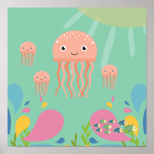 Adorable jellyfish in baby blue ocean, poster