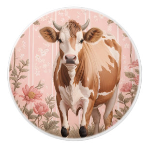 Adorable Jersey Cow Pink Floral Ceramic Knob