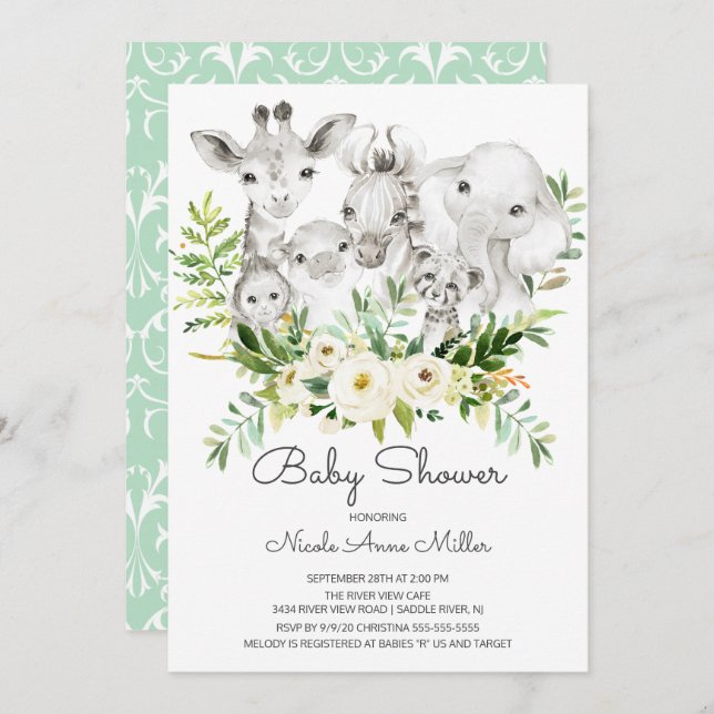 Adorable Jungle Animals Baby Shower Invitation (Front/Back)