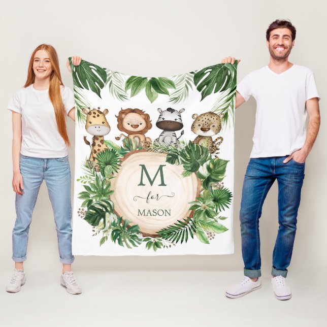 Adorable Jungle Animals Tropical Safari Greenery Fleece Blanket (In Situ)