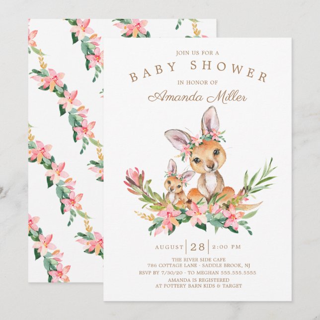 Adorable Kangaroo Mum & Baby Girls Baby Shower Invitation (Front/Back)