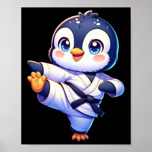 Adorable Karate Penguin Crane Kick Pose Poster