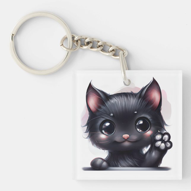 Adorable Kawaii Black Cat Key Ring (Front)