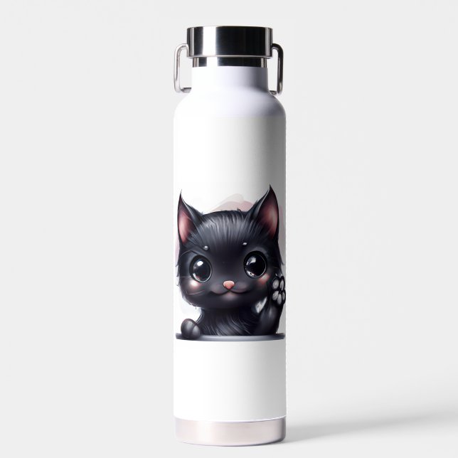 Adorable Kawaii Black Cat Water Bottle (Front)