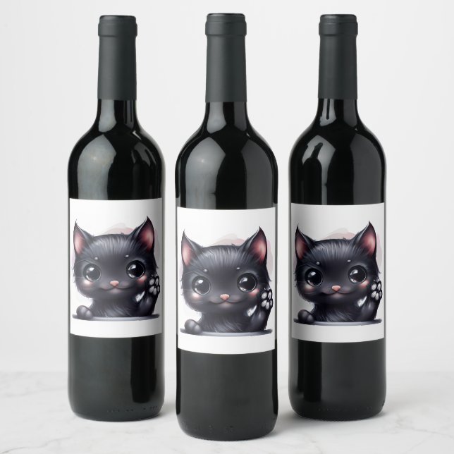 Adorable Kawaii Black Cat Wine Label (Bottles)
