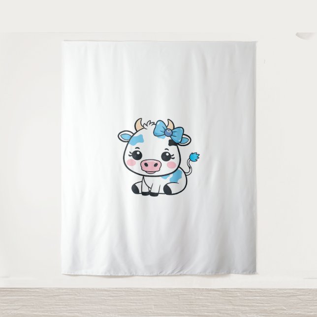 Adorable Kawaii Cow with Cherry and Bow Design  Tapestry (Front)