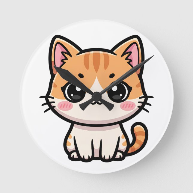 Adorable Kawaii Ginger Cat Illustration Round Clock (Front)
