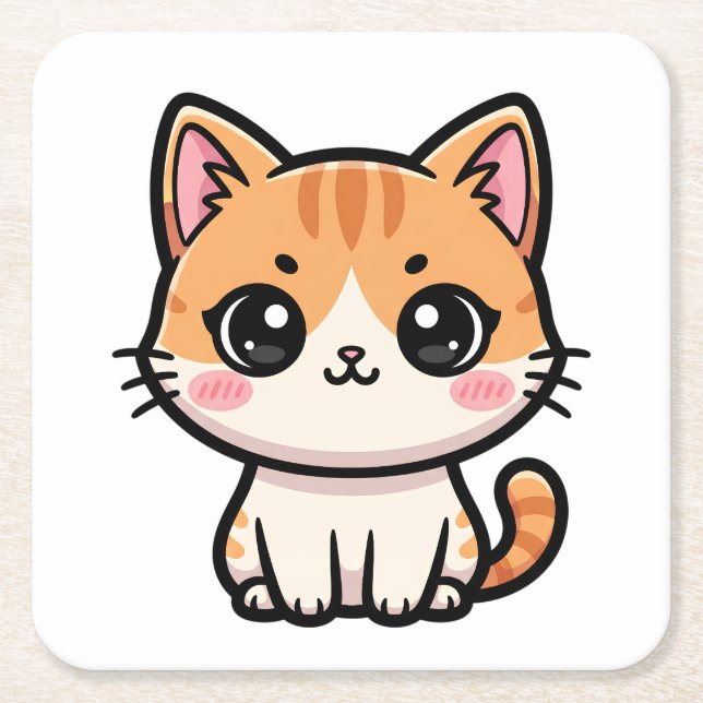 Adorable Kawaii Ginger Cat Illustration Square Paper Coaster (Front)