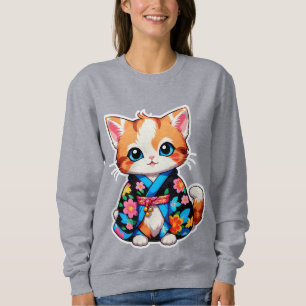 Adorable Kawaii Kitten in Colourful Floral Kimono Sweatshirt