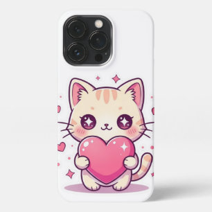 Adorable Kawaii Kitten with Pink Heart - iPhone Ca 13 Pro Case