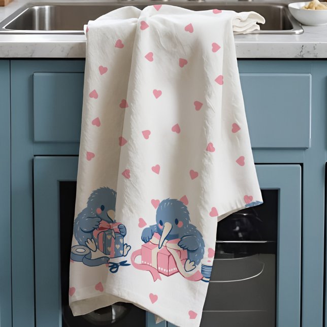 Adorable kawaii Kiwi love bird Valentine Cute Pink Tea Towel (Kawaii kiwi birds wrap gifts amid pink hearts on this adorable Valentine’s kitchen towel.)