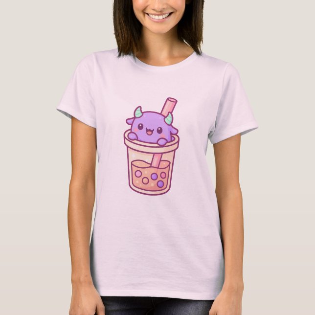 Adorable Kawaii Monster with Rainbow Bubble Tea T-Shirt (Front)