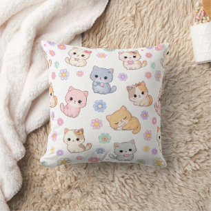 Adorable Kawaii Pastel Kitten and Floral Pattern  Cushion