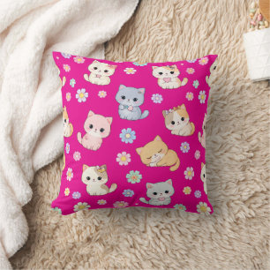 Adorable Kawaii Pastel Kitten and Floral Pattern  Cushion