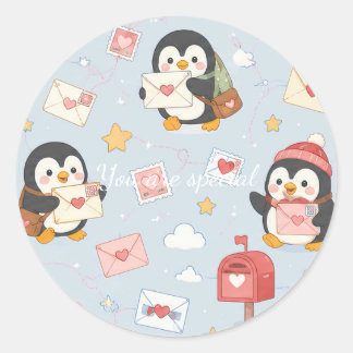 Adorable Kawaii Penguin Love Mail Design Classic Round Sticker