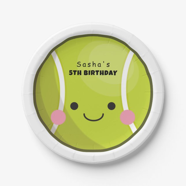 Adorable Kawaii Tennis Ball Custom Name Cute Sport Paper Plate (Front)