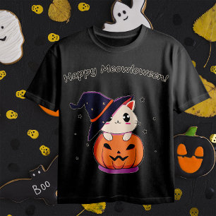Adorable Kawaii Witch Cat in Halloween Pumpkin T-Shirt