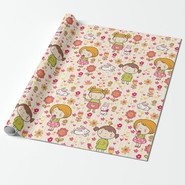 Adorable Kids Pattern Wrapping Paper (Unrolled)
