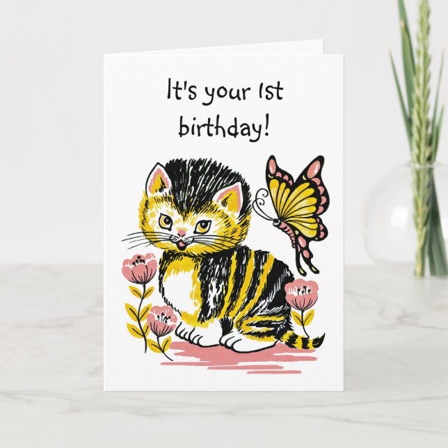 Adorable Kitten and Butterfly First Birthday Card (Front)