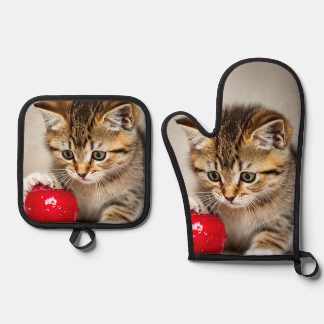 adorable kitten and love red apple  oven mitt & pot holder set (Front)