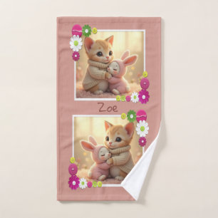 Adorable kitten and tiny baby bunny, personalised  hand towel