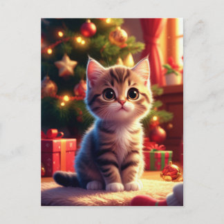 Adorable Kitten By Decorated Christmas Tree Postcard