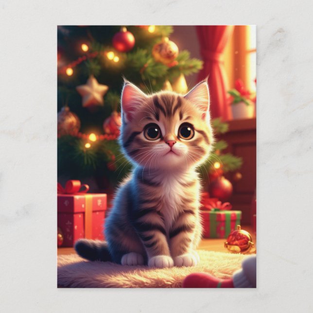 Adorable Kitten By Decorated Christmas Tree Postcard (Front)