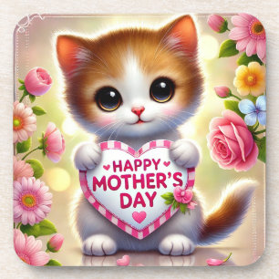 Adorable Kitten Holding Mothers Day Heart Coaster
