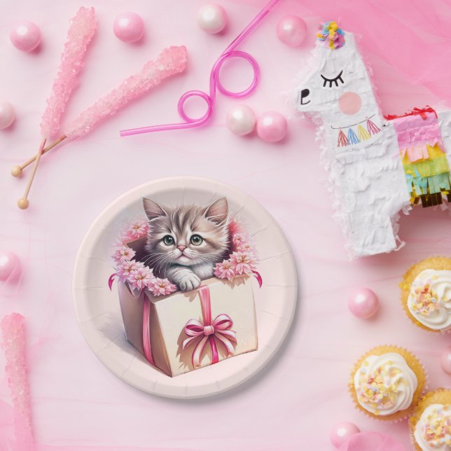 Adorable Kitten in a Box Birthday Gift Paper Plate (Party)