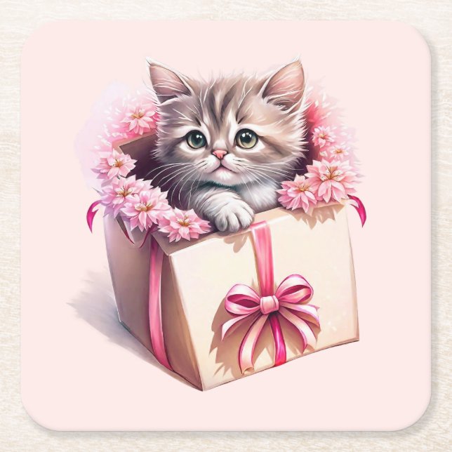Adorable Kitten in a Box Birthday Gift Square Paper Coaster (Front)