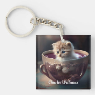Adorable Kitten in a teacup Personalised Key Ring