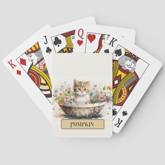 Adorable Kitten in Bowl with Flowers, Personalise Playing Cards (Back)